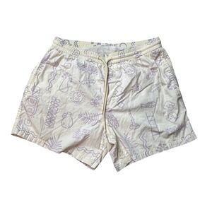 Zara Swim Trunks Mens M Cream Purple Doodle Print Mesh Lined Board Shorts 5in